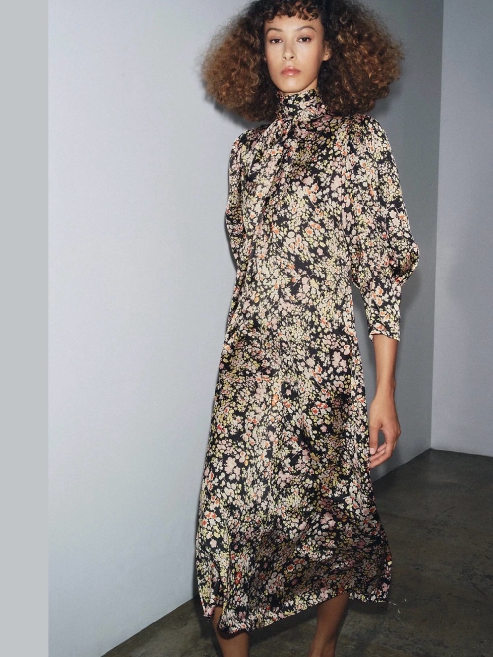 Zara Black Floral High-Neck Midi Dress with Pink & Cream Blooms